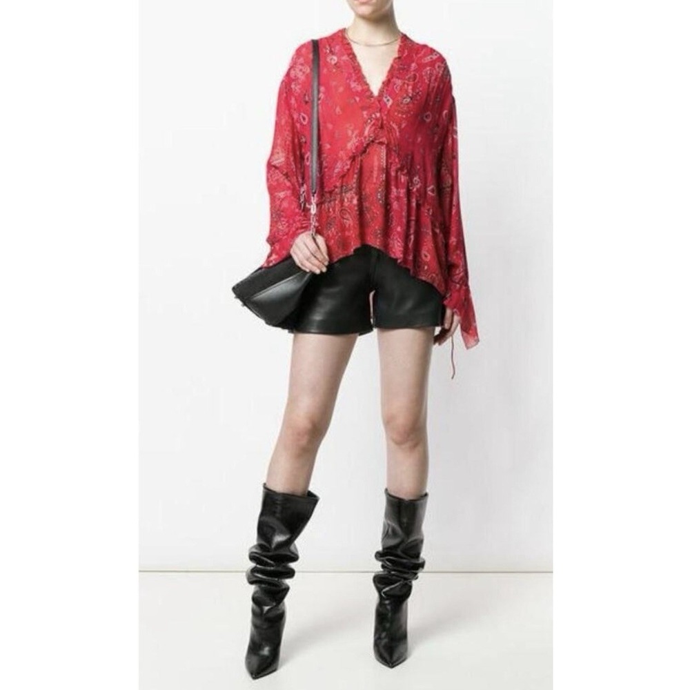 Iro Jeans Size FR 34-XS Women's Top Red Floral Western BAVONE Long Sleeve Ruffle